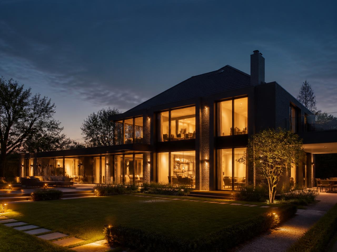 Villa met alle lichten aan bij valavond, beeld van een woning met hoog energieverbruik